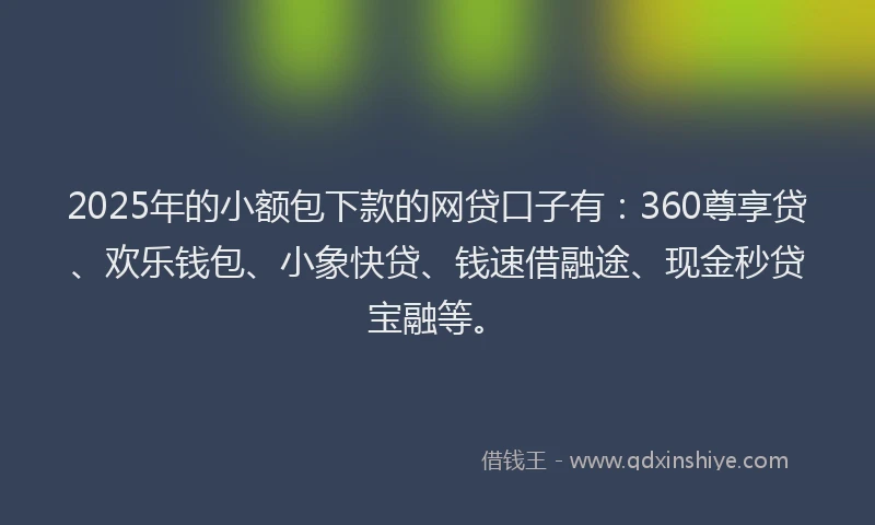 2025年的小额包下款的网贷口子有：360尊享贷、欢乐钱包、小象快贷、钱速借融途、现金秒贷宝融等。
