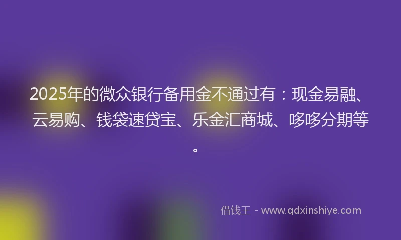 2025年的微众银行备用金不通过有：现金易融、云易购、钱袋速贷宝、乐金汇商城、哆哆分期等。