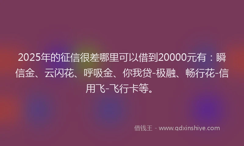 2025年的征信很差哪里可以借到20000元有：瞬信金、云闪花、呼吸金、你我贷-极融、畅行花-信用飞-飞行卡等。