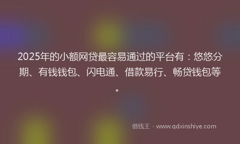 2025年的小额网贷最容易通过的平台有：悠悠分期、有钱钱包、闪电通、借款易行、畅贷钱包等。
