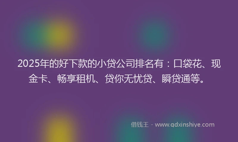 2025年的好下款的小贷公司排名有：口袋花、现金卡、畅享租机、贷你无忧贷、瞬贷通等。