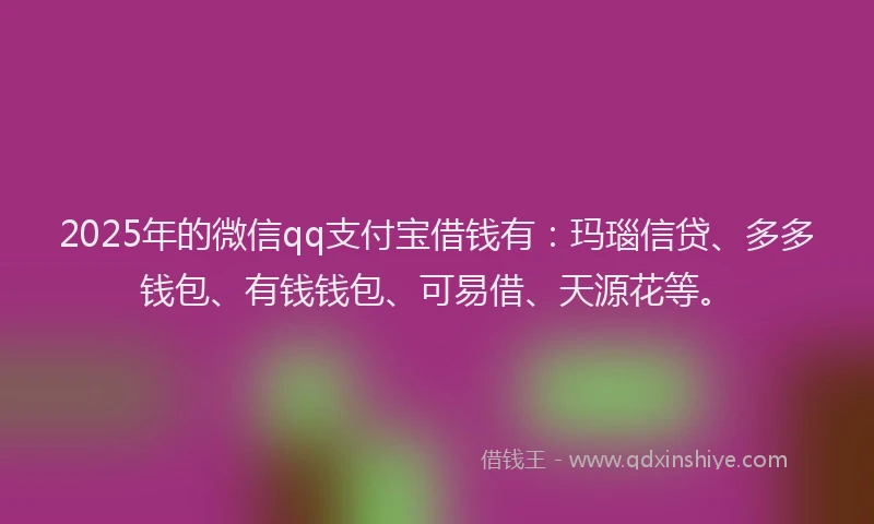 2025年的微信qq支付宝借钱有：玛瑙信贷、多多钱包、有钱钱包、可易借、天源花等。