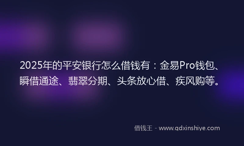 2025年的平安银行怎么借钱有：金易Pro钱包、瞬借通途、翡翠分期、头条放心借、疾风购等。