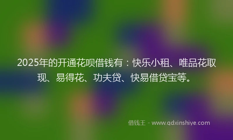 2025年的开通花呗借钱有：快乐小租、唯品花取现、易得花、功夫贷、快易借贷宝等。