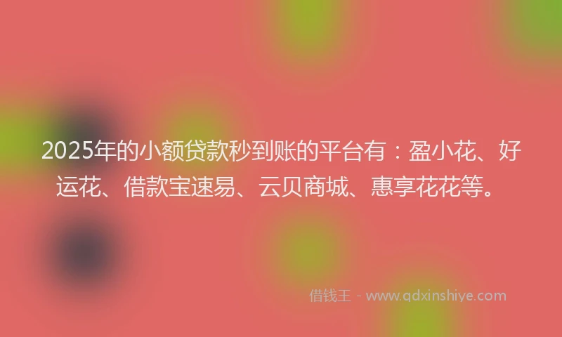 2025年的小额贷款秒到账的平台有：盈小花、好运花、借款宝速易、云贝商城、惠享花花等。