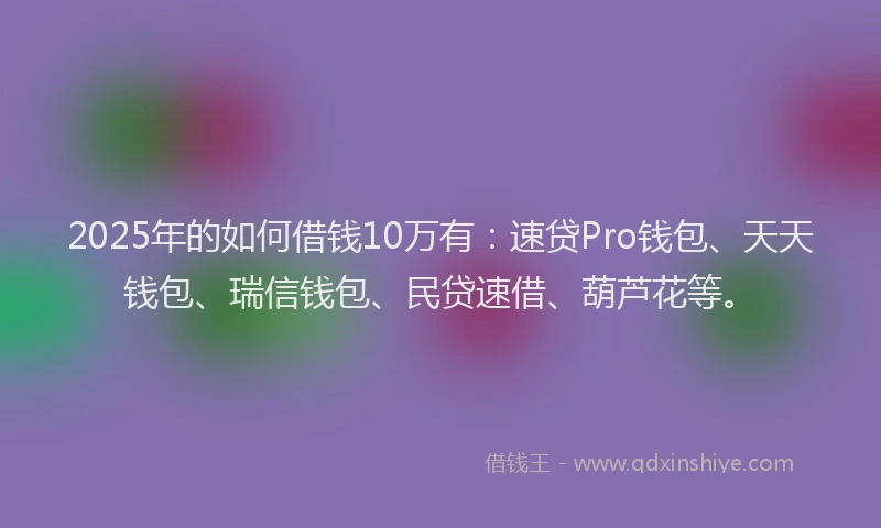 2025年的如何借钱10万有：速贷Pro钱包、天天钱包、瑞信钱包、民贷速借、葫芦花等。