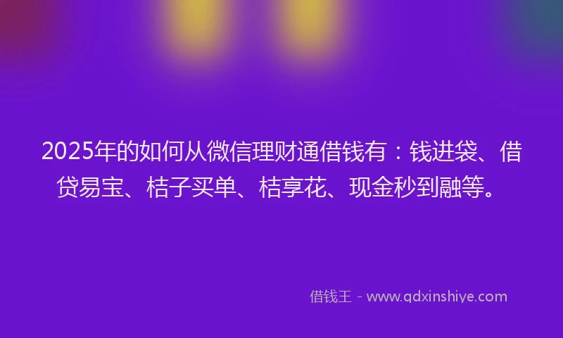 2025年的如何从微信理财通借钱有：钱进袋、借贷易宝、桔子买单、桔享花、现金秒到融等。