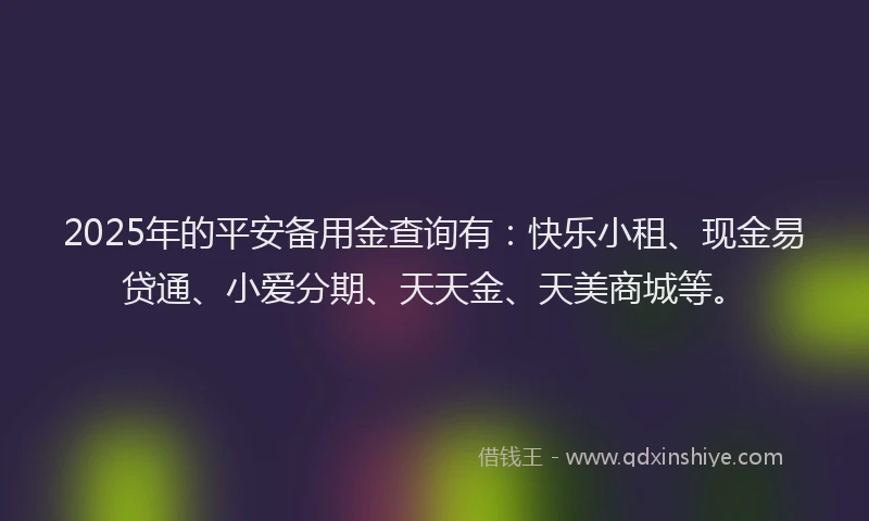 2025年的平安备用金查询有：快乐小租、现金易贷通、小爱分期、天天金、天美商城等。