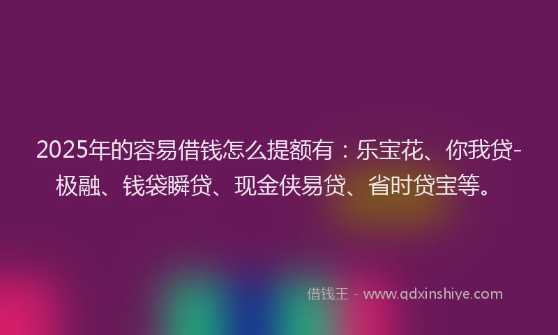 2025年的容易借钱怎么提额有：乐宝花、你我贷-极融、钱袋瞬贷、现金侠易贷、省时贷宝等。