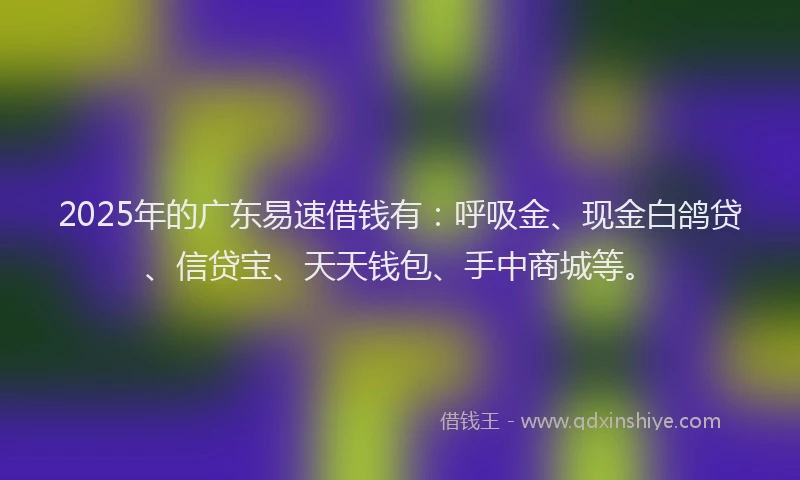 2025年的广东易速借钱有：呼吸金、现金白鸽贷、信贷宝、天天钱包、手中商城等。