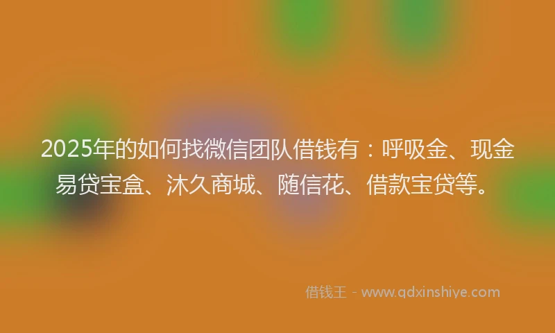 2025年的如何找微信团队借钱有：呼吸金、现金易贷宝盒、沐久商城、随信花、借款宝贷等。