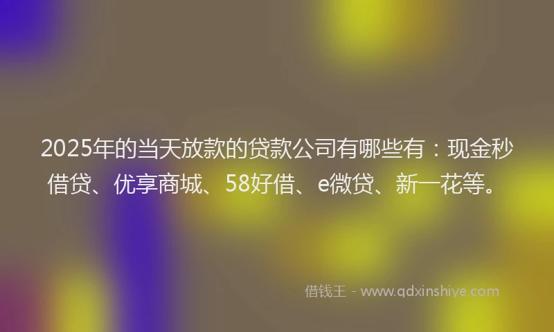 2025年的当天放款的贷款公司有哪些有：现金秒借贷、优享商城、58好借、e微贷、新一花等。