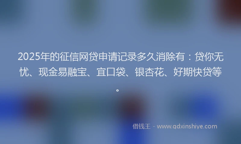 2025年的征信网贷申请记录多久消除有：贷你无忧、现金易融宝、宜口袋、银杏花、好期快贷等。