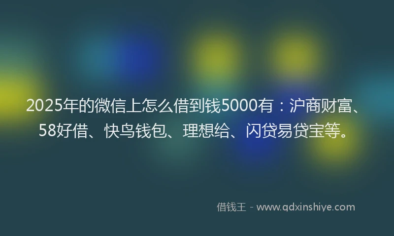 2025年的微信上怎么借到钱5000有：沪商财富、58好借、快鸟钱包、理想给、闪贷易贷宝等。