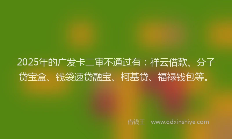 2025年的广发卡二审不通过有：祥云借款、分子贷宝盒、钱袋速贷融宝、柯基贷、福禄钱包等。