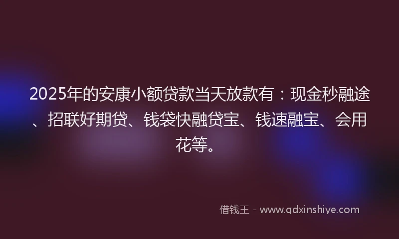 2025年的安康小额贷款当天放款有：现金秒融途、招联好期贷、钱袋快融贷宝、钱速融宝、会用花等。