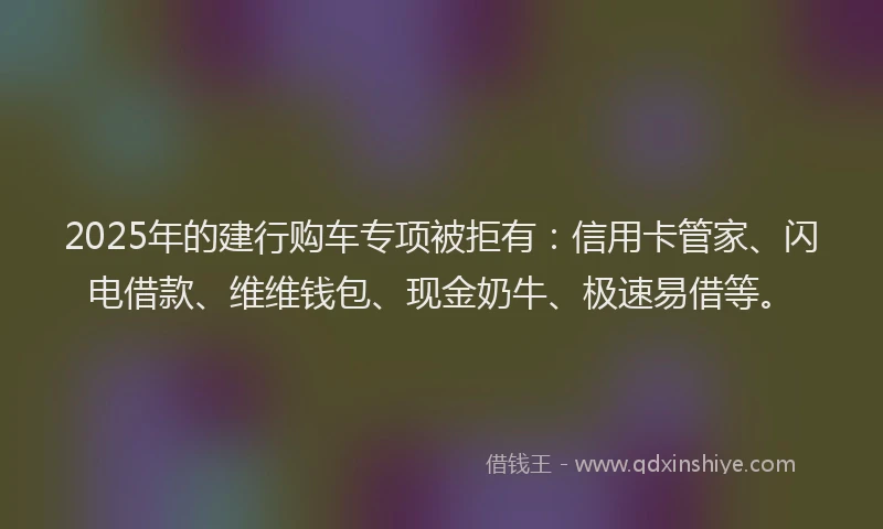 2025年的建行购车专项被拒有：信用卡管家、闪电借款、维维钱包、现金奶牛、极速易借等。