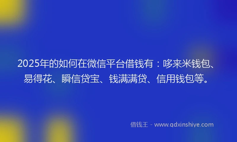 2025年的如何在微信平台借钱有：哆来米钱包、易得花、瞬信贷宝、钱满满贷、信用钱包等。