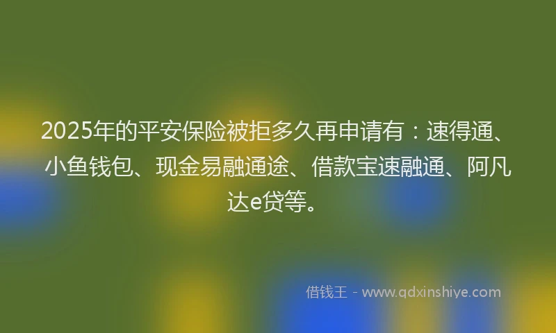 2025年的平安保险被拒多久再申请有：速得通、小鱼钱包、现金易融通途、借款宝速融通、阿凡达e贷等。