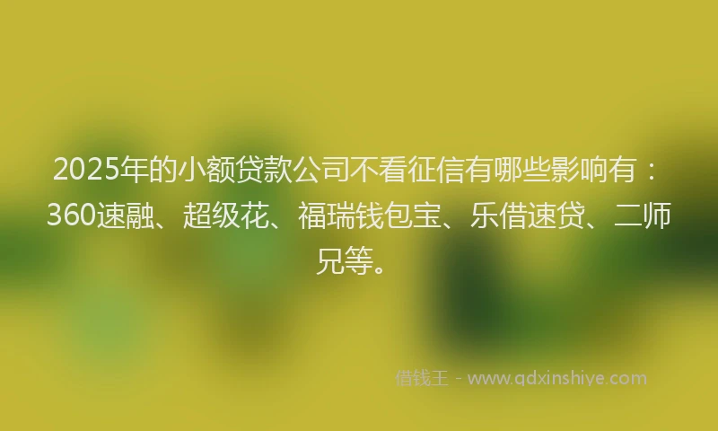 2025年的小额贷款公司不看征信有哪些影响有：360速融、超级花、福瑞钱包宝、乐借速贷、二师兄等。