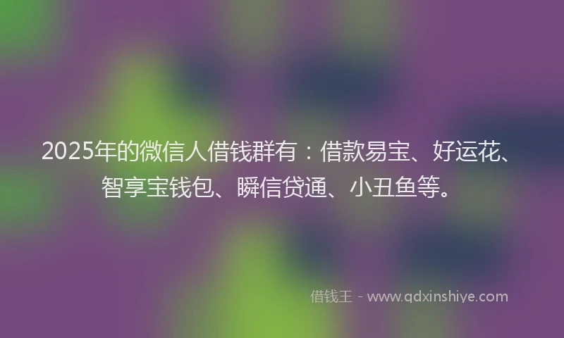 2025年的微信人借钱群有：借款易宝、好运花、智享宝钱包、瞬信贷通、小丑鱼等。