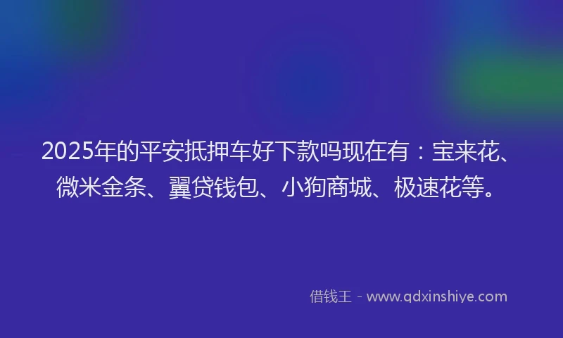 2025年的平安抵押车好下款吗现在有：宝来花、微米金条、翼贷钱包、小狗商城、极速花等。