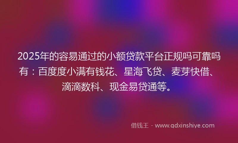 2025年的容易通过的小额贷款平台正规吗可靠吗有：百度度小满有钱花、星海飞贷、麦芽快借、滴滴数科、现金易贷通等。