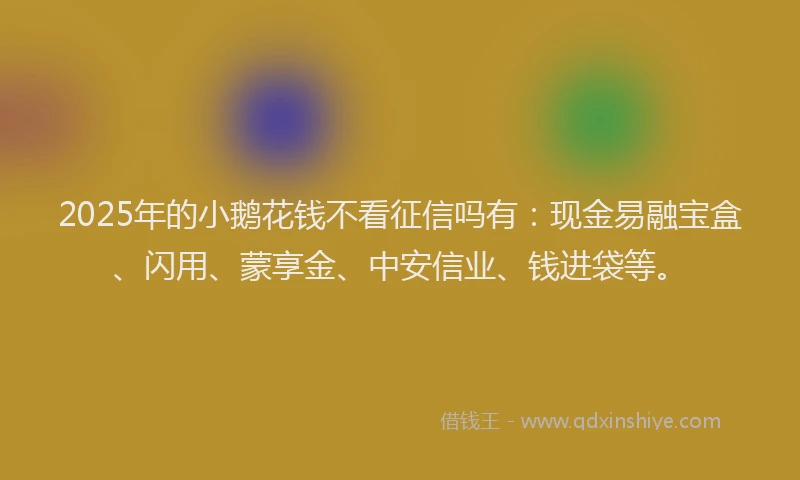 2025年的小鹅花钱不看征信吗有：现金易融宝盒、闪用、蒙享金、中安信业、钱进袋等。