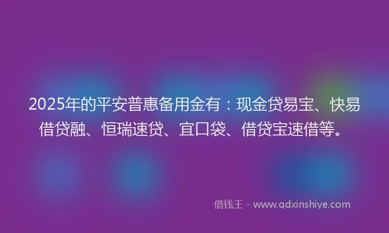 2025年的平安普惠备用金有：现金贷易宝、快易借贷融、恒瑞速贷、宜口袋、借贷宝速借等。