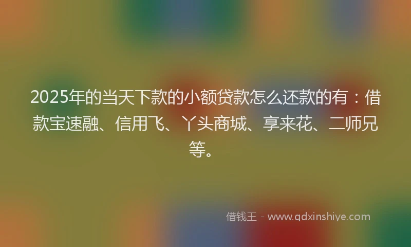 2025年的当天下款的小额贷款怎么还款的有：借款宝速融、信用飞、丫头商城、享来花、二师兄等。