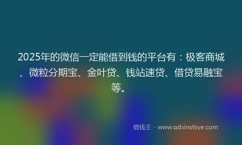 2025年的微信一定能借到钱的平台有：极客商城、微粒分期宝、金叶贷、钱站速贷、借贷易融宝等。