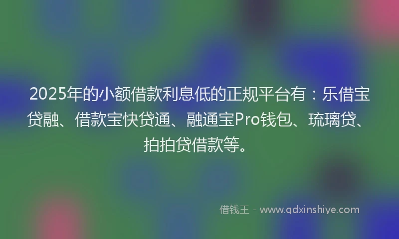 2025年的小额借款利息低的正规平台有：乐借宝贷融、借款宝快贷通、融通宝Pro钱包、琉璃贷、拍拍贷借款等。