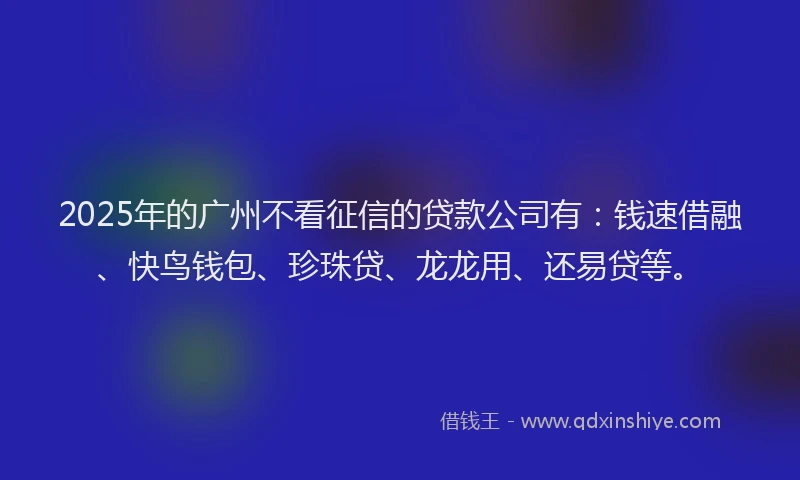 2025年的广州不看征信的贷款公司有：钱速借融、快鸟钱包、珍珠贷、龙龙用、还易贷等。