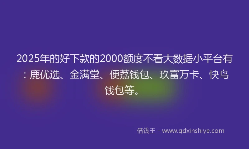 2025年的好下款的2000额度不看大数据小平台有：鹿优选、金满堂、便荔钱包、玖富万卡、快鸟钱包等。