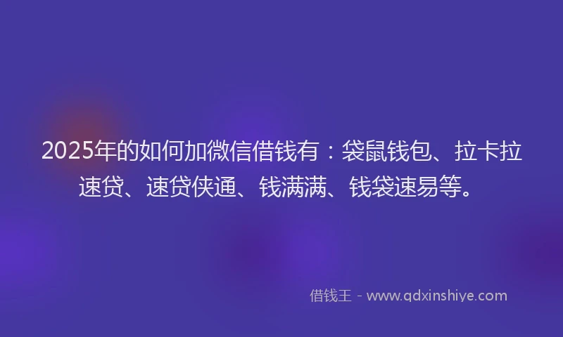2025年的如何加微信借钱有：袋鼠钱包、拉卡拉速贷、速贷侠通、钱满满、钱袋速易等。