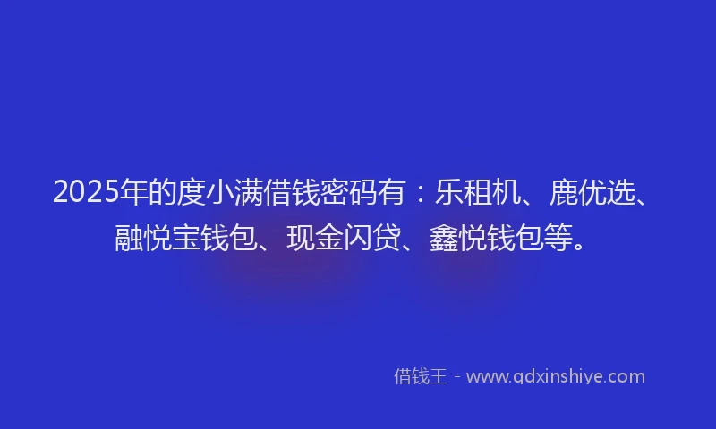 2025年的度小满借钱密码有：乐租机、鹿优选、融悦宝钱包、现金闪贷、鑫悦钱包等。