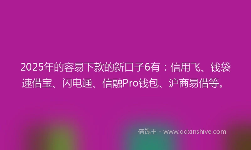 2025年的容易下款的新口子6有：信用飞、钱袋速借宝、闪电通、信融Pro钱包、沪商易借等。
