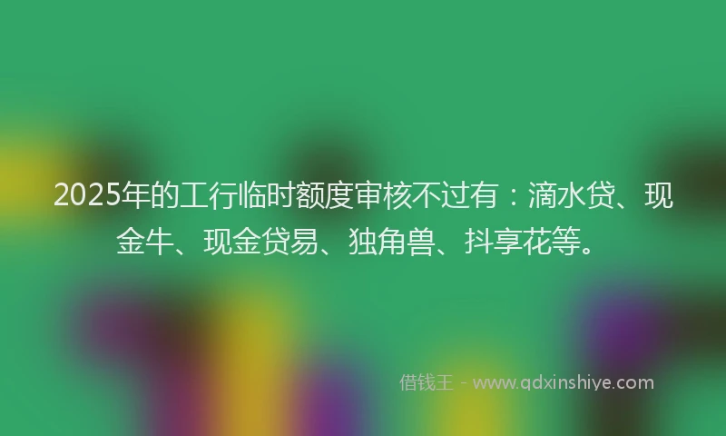 2025年的工行临时额度审核不过有：滴水贷、现金牛、现金贷易、独角兽、抖享花等。