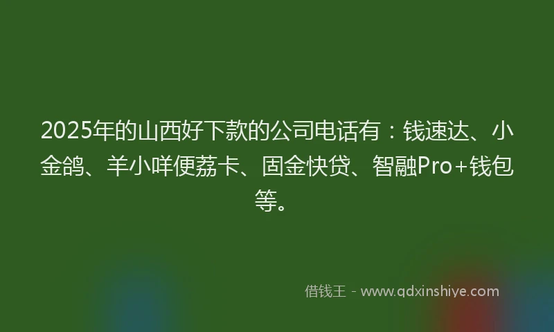 2025年的山西好下款的公司电话有：钱速达、小金鸽、羊小咩便荔卡、固金快贷、智融Pro+钱包等。
