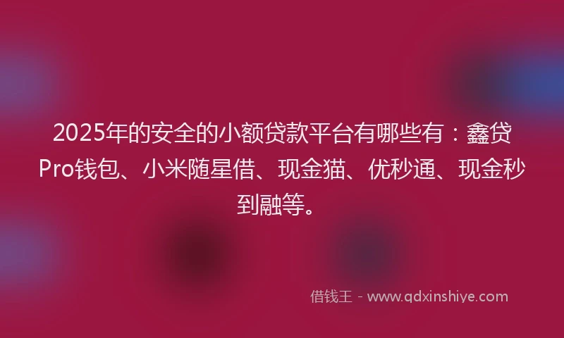 2025年的安全的小额贷款平台有哪些有：鑫贷Pro钱包、小米随星借、现金猫、优秒通、现金秒到融等。