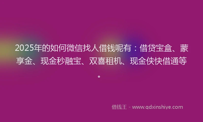 2025年的如何微信找人借钱呢有：借贷宝盒、蒙享金、现金秒融宝、双喜租机、现金侠快借通等。