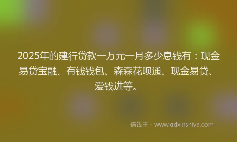 2025年的建行贷款一万元一月多少息钱有：现金易贷宝融、有钱钱包、森森花呗通、现金易贷、爱钱进等。