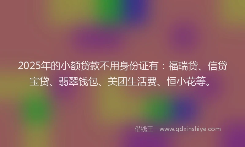 2025年的小额贷款不用身份证有：福瑞贷、信贷宝贷、翡翠钱包、美团生活费、恒小花等。