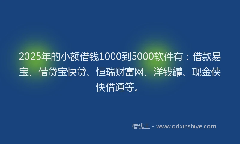 2025年的小额借钱1000到5000软件有：借款易宝、借贷宝快贷、恒瑞财富网、洋钱罐、现金侠快借通等。