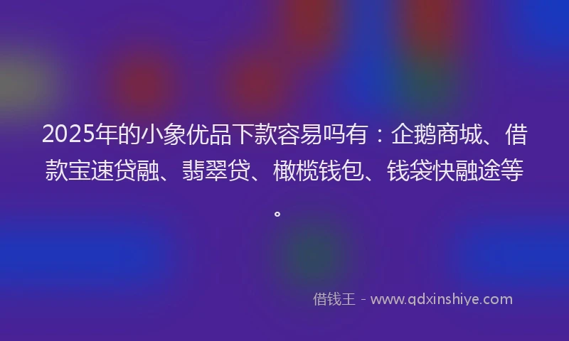 2025年的小象优品下款容易吗有：企鹅商城、借款宝速贷融、翡翠贷、橄榄钱包、钱袋快融途等。