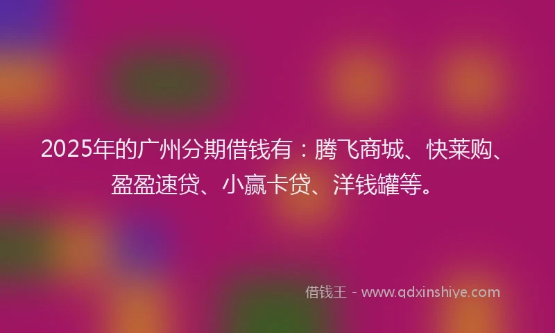 2025年的广州分期借钱有：腾飞商城、快莱购、盈盈速贷、小赢卡贷、洋钱罐等。