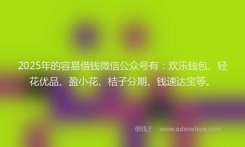 2025年的容易借钱微信公众号有：欢乐钱包、轻花优品、盈小花、桔子分期、钱速达宝等。