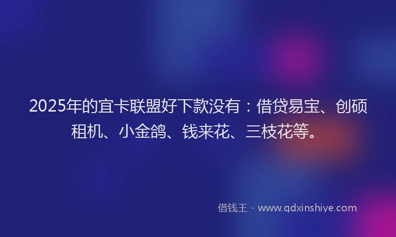 2025年的宜卡联盟好下款没有：借贷易宝、创硕租机、小金鸽、钱来花、三枝花等。
