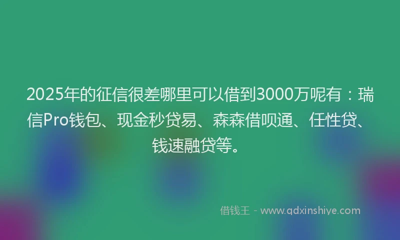 2025年的征信很差哪里可以借到3000万呢有：瑞信Pro钱包、现金秒贷易、森森借呗通、任性贷、钱速融贷等。