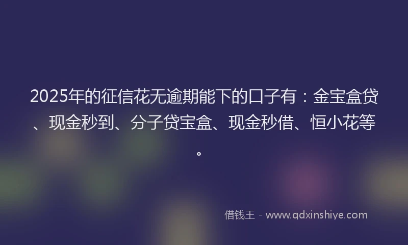 2025年的征信花无逾期能下的口子有：金宝盒贷、现金秒到、分子贷宝盒、现金秒借、恒小花等。